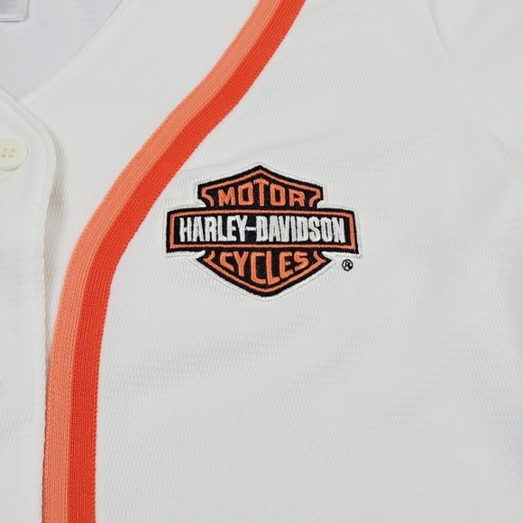 Harley Davidson Baseball T-Shirt Tee Stripe White Orange Dallas sz Medium Button - Picture 4 of 10